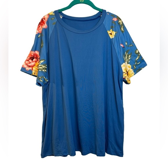 SHEIN Curve Blue Short Sleeve Blouse with Floral Sleeves Size 1XL NWOT ☀️ - Picture 1 of 14